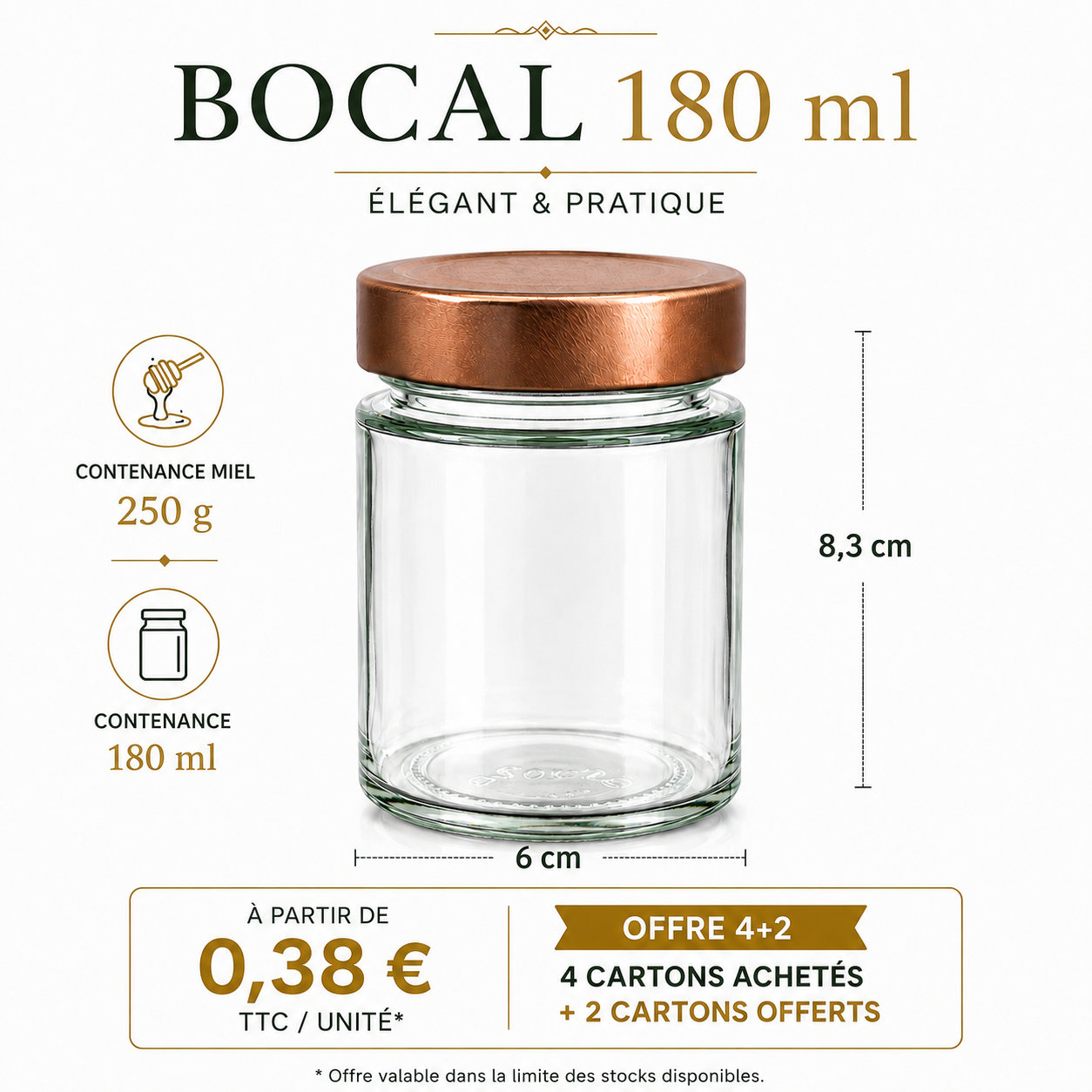 Bocal 180ml - 250g capsule large dimensions OFFRE 4+2